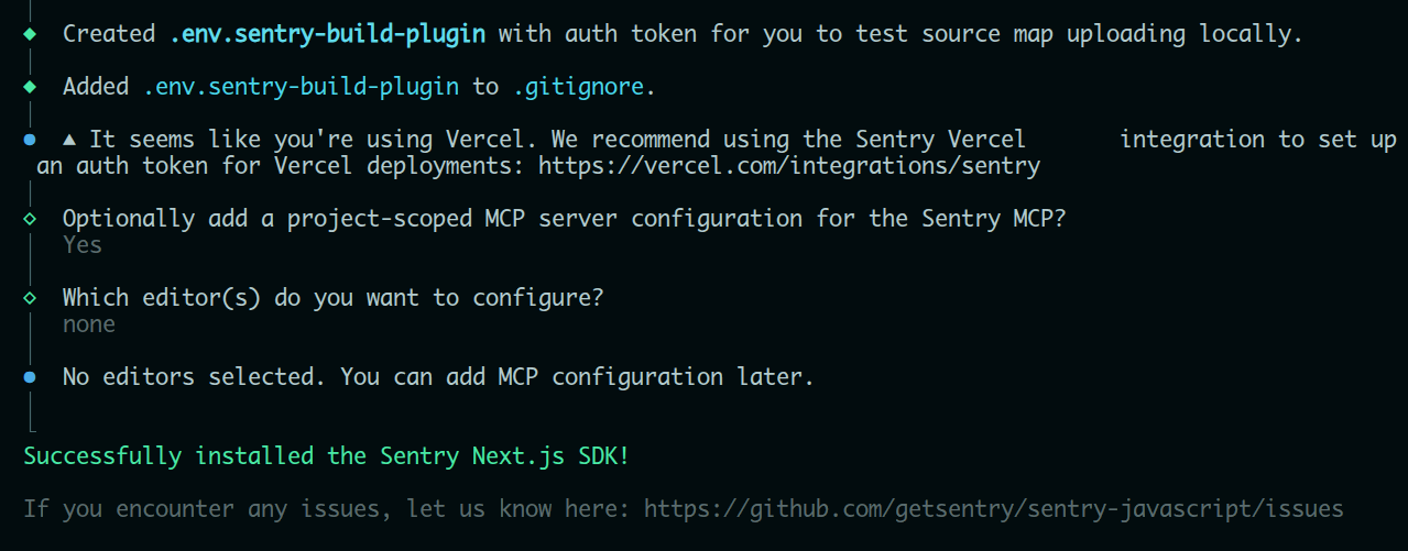 Then it will created a dedicated route to experience the sentry and ask some optional prompt like this