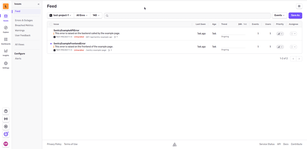 Sentry dashboard (Error list)